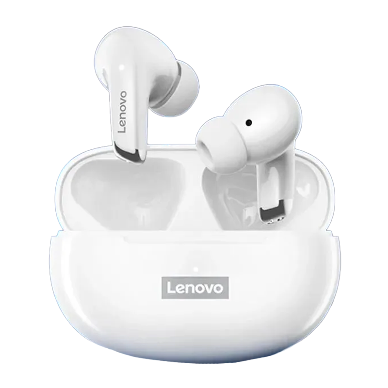 Earphones Lenovo LP5 brancos em caixa de carregamento Earphones Lenovo LP5 brancos em caixa de carregamento